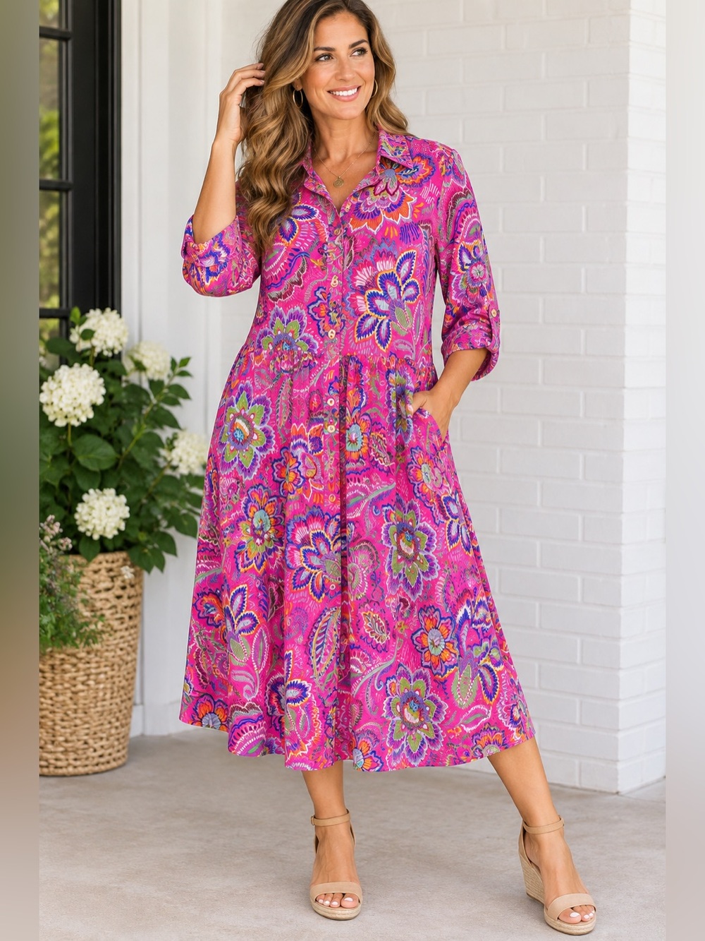 Dear Scarlett 2X Pink Paisley Floral Button Front Dress Wrinkle Free
